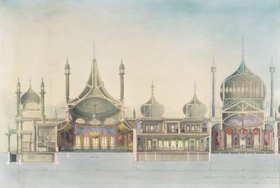 Section longitudinale (L à R) Orgue, Salle de musique, Galerie, Salon, Salle de banquet, Salle des pages, Cuisine de 